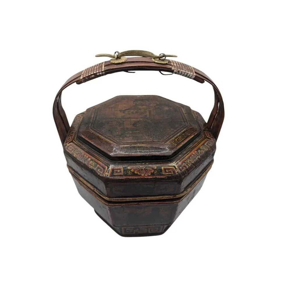 Antique Chinese Bamboo Wedding Basket Box Laquer Finsh Brass Handle